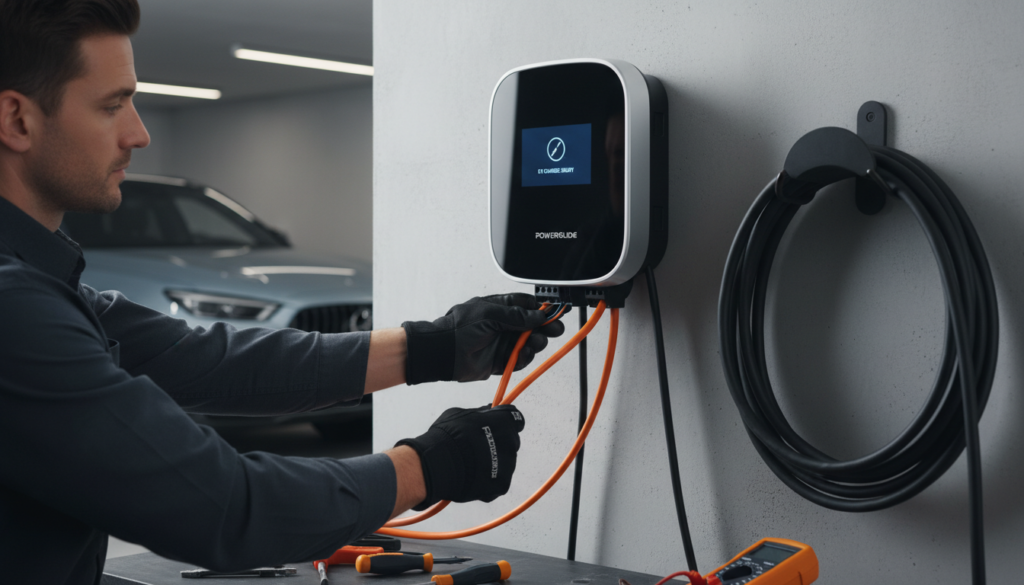 A Level 2 EV charger being installed in a Vancouver home garage