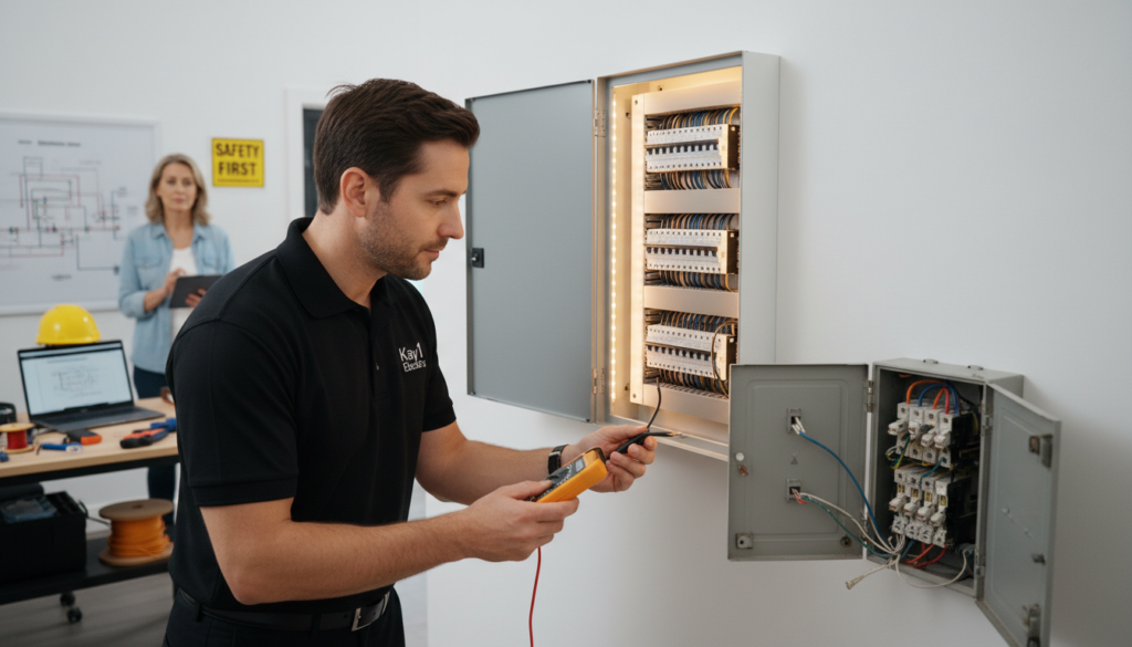 A bright, clean image of a modern electrical panel upgrade in a residential setting, showcasing the transition from an old fuse box to a sleek circuit breaker panel. In the foreground, a professional electrician in a neat business attire, possibly branded with "Kay1 Electric," is performing the upgrade, examining wires with focused intent. The middle ground features the new circuit breaker panel, neatly installed and illuminated by warm LED lighting, highlighting its features and organization. In the background, a well-organized electrical workbench and tools suggest professionalism and readiness. The overall atmosphere is one of efficiency, expertise, and safety, with a subtle hint of transformation as the homeowner looks on, reflecting curiosity and reassurance. Capture this scene from a slightly angled view to emphasize depth and professional approach. A bright, clean image of a modern electrical panel upgrade in a residential setting, showcasing the transition from an old fuse box to a sleek circuit breaker panel. In the foreground, a professional electrician in a neat business attire, possibly branded with "Kay1 Electric," is performing the upgrade, examining wires with focused intent. The middle ground features the new circuit breaker panel, neatly installed and illuminated by warm LED lighting, highlighting its features and organization. In the background, a well-organized electrical workbench and tools suggest professionalism and readiness. The overall atmosphere is one of efficiency, expertise, and safety, with a subtle hint of transformation as the homeowner looks on, reflecting curiosity and reassurance. Capture this scene from a slightly angled view to emphasize depth and professional approach.