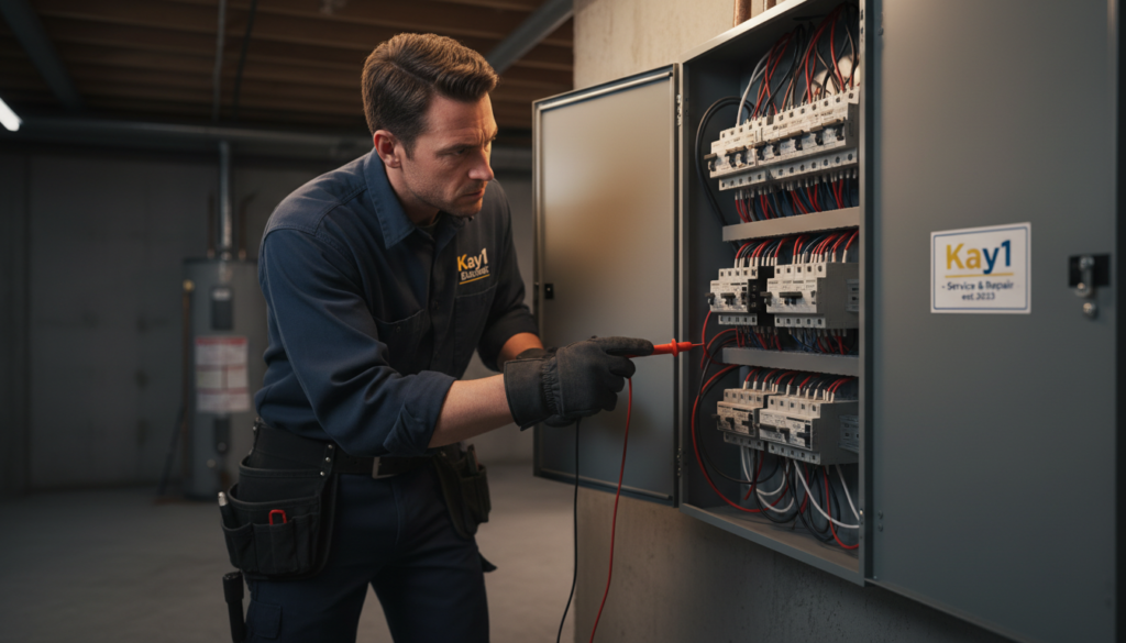 A close-up image of an electrical panel, emphasizing the intricate breakers and wiring inside. In the foreground, focus on a certified electrician in professional attire, carefully inspecting or adjusting the breakers, highlighting a sense of urgency and expertise. The middle ground features the electrical panel itself, showcasing detailed components like circuit breakers, wiring, and labels indicating load capacity. In the background, a dimly lit basement or utility room adds a serious, slightly ominous atmosphere, suggesting potential danger if such issues are ignored. The lighting is warm but slightly dramatic, casting subtle shadows to enhance the tactile quality of the metallic components. The brand name "Kay1 Electric" is prominently displayed on a service sticker near the panel, adding authenticity to the scene.