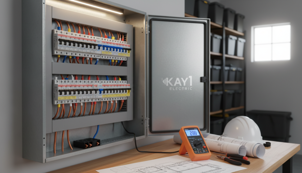 A close-up view of a home electrical panel, emphasizing its capacity, is the focal point. The panel is sleek, modern, and impeccably organized, showcasing labeled circuit breakers and connection points with bright, clear colors. Surrounding the panel, tools like a voltage meter and wiring diagrams are subtly placed on a clean workbench in a well-lit, professional garage. Soft, diffused lighting creates a welcoming atmosphere, highlighting the importance of proper electrical setup for installing an EV charger. In the background, a small window allows natural light to filter in, enhancing the detail of the panel. The scene conveys a sense of professionalism and expertise, representing Kay1 Electric as a trusted provider in electrical installations. The angle is slightly tilted for dynamic effect, capturing both the panel's technical features and the overall environment. A close-up view of a home electrical panel, emphasizing its capacity, is the focal point. The panel is sleek, modern, and impeccably organized, showcasing labeled circuit breakers and connection points with bright, clear colors. Surrounding the panel, tools like a voltage meter and wiring diagrams are subtly placed on a clean workbench in a well-lit, professional garage. Soft, diffused lighting creates a welcoming atmosphere, highlighting the importance of proper electrical setup for installing an EV charger. In the background, a small window allows natural light to filter in, enhancing the detail of the panel. The scene conveys a sense of professionalism and expertise, representing Kay1 Electric as a trusted provider in electrical installations. The angle is slightly tilted for dynamic effect, capturing both the panel's technical features and the overall environment.