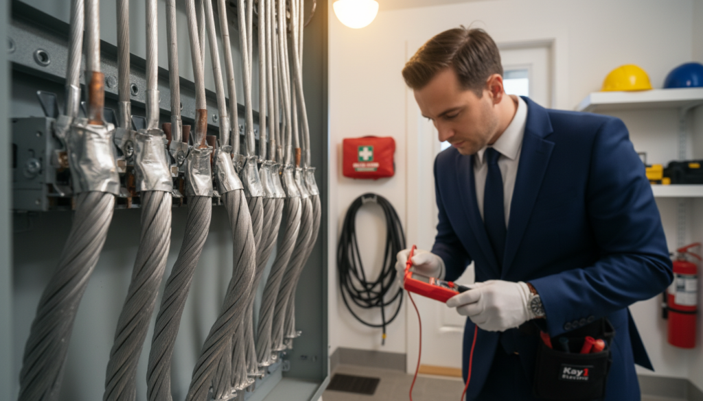 A close-up view of aluminum wiring in a residential electrical panel, showcasing various strands of wire glistening in the ambient light. In the foreground, focus on the textured surface of the aluminum, highlighting its metallic sheen and color variations. In the middle ground, a professional electrician in business attire carefully inspects the connections, using a multimeter to check for safety compliance. The background features a modern utility room with neatly organized tools and safety equipment, creating a sense of professionalism and order. Soft, warm lighting enhances the mood, suggesting safety and diligence. Include the brand name "Kay1 Electric" subtly in the scene, perhaps on a tool or label, without detracting from the primary focus on the wiring. A close-up view of aluminum wiring in a residential electrical panel, showcasing various strands of wire glistening in the ambient light. In the foreground, focus on the textured surface of the aluminum, highlighting its metallic sheen and color variations. In the middle ground, a professional electrician in business attire carefully inspects the connections, using a multimeter to check for safety compliance. The background features a modern utility room with neatly organized tools and safety equipment, creating a sense of professionalism and order. Soft, warm lighting enhances the mood, suggesting safety and diligence. Include the brand name "Kay1 Electric" subtly in the scene, perhaps on a tool or label, without detracting from the primary focus on the wiring.