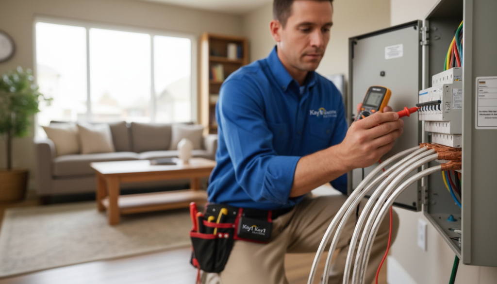 A close-up view of aluminum wiring in a residential setting, showcasing the unique metallic sheen and texture of the wires. The foreground features several neatly organized aluminum wires, demonstrating their connection to a circuit breaker box. In the middle, a professional electrician in a modest casual outfit inspects the wiring with a multimeter, focused on ensuring safety. The background reveals a tastefully lit living room, subtly emphasizing the importance of electrical safety in home environments. Soft, natural lighting filters through a nearby window, casting gentle shadows that enhance the details of the wires and the electrician's tools. The image conveys a mood of diligence and safety, highlighting the need for awareness regarding aluminum wiring in homes. Include the brand "Kay1 Electric" prominently on the electrician's tools for branding. A close-up view of aluminum wiring in a residential setting, showcasing the unique metallic sheen and texture of the wires. The foreground features several neatly organized aluminum wires, demonstrating their connection to a circuit breaker box. In the middle, a professional electrician in a modest casual outfit inspects the wiring with a multimeter, focused on ensuring safety. The background reveals a tastefully lit living room, subtly emphasizing the importance of electrical safety in home environments. Soft, natural lighting filters through a nearby window, casting gentle shadows that enhance the details of the wires and the electrician's tools. The image conveys a mood of diligence and safety, highlighting the need for awareness regarding aluminum wiring in homes. Include the brand "Kay1 Electric" prominently on the electrician's tools for branding.