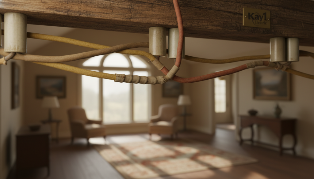 A close-up view of vintage knob and tube wiring showcasing the ceramic insulators and the cloth-covered electrical wires. In the foreground, focus on a section of the wiring with a warm, slightly faded color palette, evoking nostalgia and the historical significance of the technology. The middle ground displays a wooden beam, highlighting the transition from the wiring to the home's structure, giving context to its installation. The background is a blurred representation of a well-lit vintage home interior, emphasizing the age and character of the space. Soft, natural light filters through a nearby window, creating a cozy atmosphere. The logo for "Kay1 Electric" subtly integrated into the scene, ensuring a professional touch without dominating the image. A close-up view of vintage knob and tube wiring showcasing the ceramic insulators and the cloth-covered electrical wires. In the foreground, focus on a section of the wiring with a warm, slightly faded color palette, evoking nostalgia and the historical significance of the technology. The middle ground displays a wooden beam, highlighting the transition from the wiring to the home's structure, giving context to its installation. The background is a blurred representation of a well-lit vintage home interior, emphasizing the age and character of the space. Soft, natural light filters through a nearby window, creating a cozy atmosphere. The logo for "Kay1 Electric" subtly integrated into the scene, ensuring a professional touch without dominating the image.