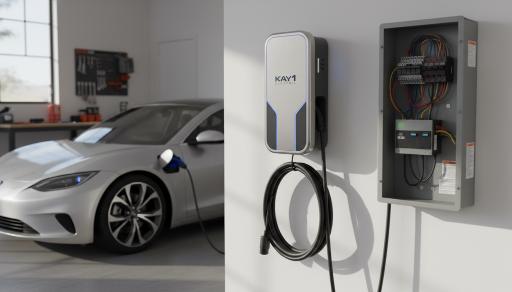 A detailed close-up of a Level 2 electric vehicle charger installation, showcasing a sleek, modern Kay1 Electric charger mounted on a pristine white wall in a well-lit garage setting. In the foreground, focus on the charger with clear features like the charging cable and LED indicators. The middle ground should include electrical panels and wiring, emphasizing the complexity and safety of the installation process. The background displays a parked electric vehicle, subtly indicating its connection to the charger. Natural light streams through an adjacent window, enhancing the sleek, professional atmosphere, while shadows add depth. The overall mood is clean, technical, and informative, suitable for an expert audience. No text or human figures are included. A detailed close-up of a Level 2 electric vehicle charger installation, showcasing a sleek, modern Kay1 Electric charger mounted on a pristine white wall in a well-lit garage setting. In the foreground, focus on the charger with clear features like the charging cable and LED indicators. The middle ground should include electrical panels and wiring, emphasizing the complexity and safety of the installation process. The background displays a parked electric vehicle, subtly indicating its connection to the charger. Natural light streams through an adjacent window, enhancing the sleek, professional atmosphere, while shadows add depth. The overall mood is clean, technical, and informative, suitable for an expert audience. No text or human figures are included.