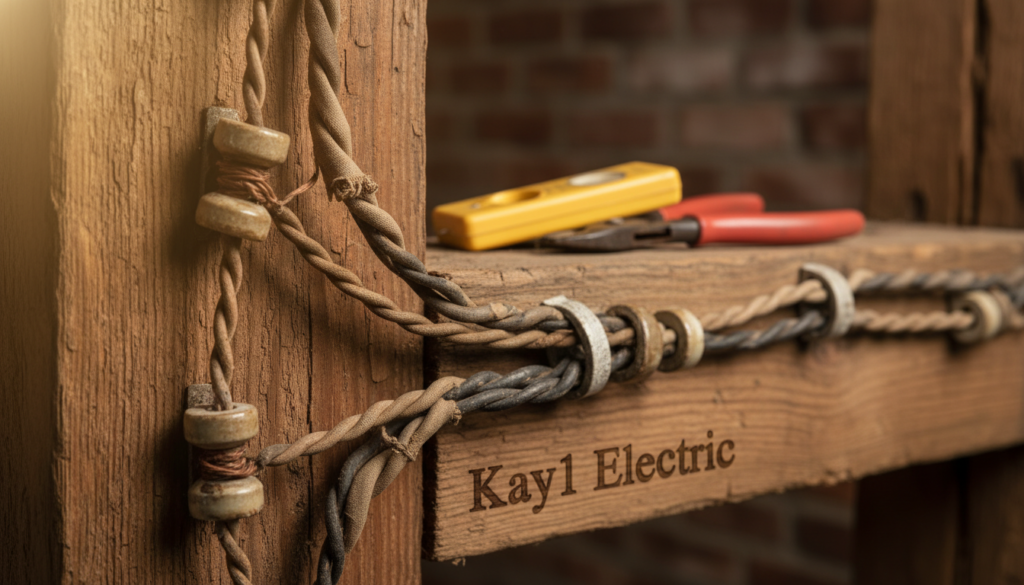 A detailed close-up of knob and tube wiring, showcasing vintage ceramic insulators and cloth-covered wiring against a wooden beam background, evoking a sense of history. The foreground highlights the intricate twists and connections of the wiring, emphasizing texture and craftsmanship. Soft, warm lighting creates an inviting atmosphere, casting gentle shadows that enhance the three-dimensional quality of the components. In the middle ground, partially visible are tools like a voltage tester and wire strippers, indicating ongoing maintenance. The background is blurred slightly to emphasize the wiring, adding depth without distraction. Include the brand name "Kay1 Electric" subtly embedded in the scene, ensuring it aligns with the theme of electrical work and safety. The overall mood is professional and informative, suitable for an instructional context. A detailed close-up of knob and tube wiring, showcasing vintage ceramic insulators and cloth-covered wiring against a wooden beam background, evoking a sense of history. The foreground highlights the intricate twists and connections of the wiring, emphasizing texture and craftsmanship. Soft, warm lighting creates an inviting atmosphere, casting gentle shadows that enhance the three-dimensional quality of the components. In the middle ground, partially visible are tools like a voltage tester and wire strippers, indicating ongoing maintenance. The background is blurred slightly to emphasize the wiring, adding depth without distraction. Include the brand name "Kay1 Electric" subtly embedded in the scene, ensuring it aligns with the theme of electrical work and safety. The overall mood is professional and informative, suitable for an instructional context.