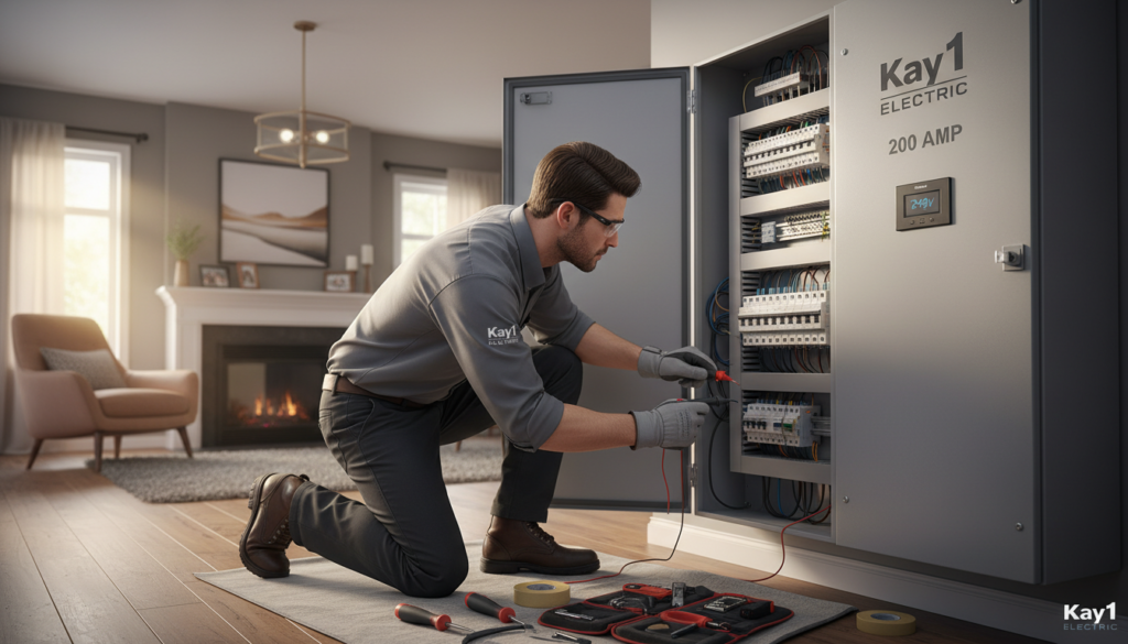 A detailed illustration of a 200-amp electrical panel upgrade in a Canadian residential setting, showcasing an electrician in professional attire working on a panel. In the foreground, focus on the electrician carefully examining the panel’s wiring and components, with various tools laid out. The middle ground features the newly installed 200-amp electrical panel, clearly labeled "Kay1 Electric," with various electrical gauges and a digital display. In the background, a cozy home interior with warm lighting reflects a sense of safety and modernity. Use soft, natural lighting to create an inviting atmosphere, emphasizing the importance and professionalism of electrical upgrades. Capture the scene from a slightly angled perspective to provide depth and clarity, highlighting the expert work being done. A detailed illustration of a 200-amp electrical panel upgrade in a Canadian residential setting, showcasing an electrician in professional attire working on a panel. In the foreground, focus on the electrician carefully examining the panel’s wiring and components, with various tools laid out. The middle ground features the newly installed 200-amp electrical panel, clearly labeled "Kay1 Electric," with various electrical gauges and a digital display. In the background, a cozy home interior with warm lighting reflects a sense of safety and modernity. Use soft, natural lighting to create an inviting atmosphere, emphasizing the importance and professionalism of electrical upgrades. Capture the scene from a slightly angled perspective to provide depth and clarity, highlighting the expert work being done.