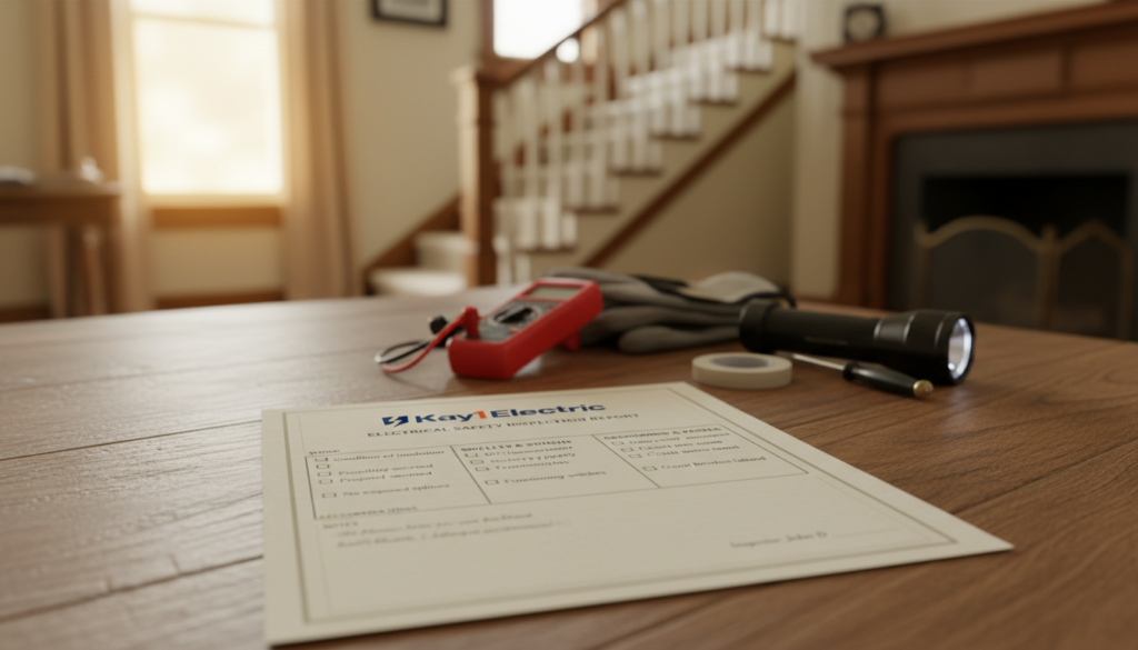 A detailed inspection checklist for electrical safety features prominently in the foreground, showcasing various sections such as "Wiring," "Outlets," and "Grounding," each with checkboxes marked. The checklist should have a polished, professional look, possibly resembling a document used by home inspectors, with the brand name "Kay1 Electric" elegantly displayed at the top. In the middle ground, a sturdy wooden table hosts tools like a voltage tester and a flashlight, hinting at the hands-on nature of the inspection process. The background should feature a soft-focus image of an older home, emphasizing warm lighting that creates a welcoming yet serious atmosphere. The overall mood conveys professionalism and diligence in home safety. A detailed inspection checklist for electrical safety features prominently in the foreground, showcasing various sections such as "Wiring," "Outlets," and "Grounding," each with checkboxes marked. The checklist should have a polished, professional look, possibly resembling a document used by home inspectors, with the brand name "Kay1 Electric" elegantly displayed at the top. In the middle ground, a sturdy wooden table hosts tools like a voltage tester and a flashlight, hinting at the hands-on nature of the inspection process. The background should feature a soft-focus image of an older home, emphasizing warm lighting that creates a welcoming yet serious atmosphere. The overall mood conveys professionalism and diligence in home safety.