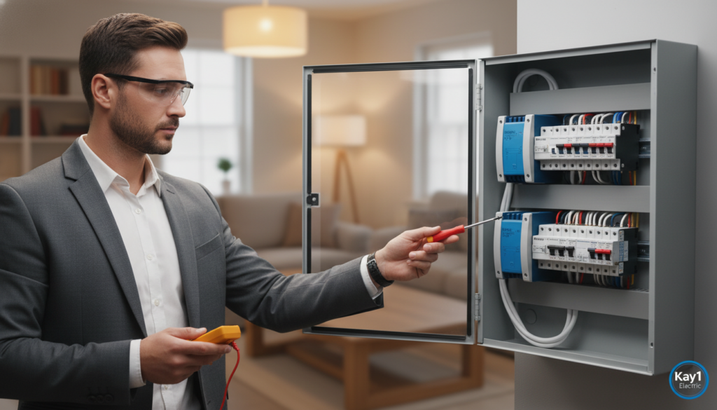 A detailed view of a residential electrical panel showcasing whole home surge protection, with various electrical components labeled. In the foreground, a qualified technician in professional business attire examines the panel, using tools to demonstrate the installation process. The middle layer features the electrical panel itself, with neatly arranged circuit breakers and surge protection devices illuminated by soft overhead lighting, highlighting their importance. In the background, a cozy home interior is subtly blurred, suggesting security and comfort. The overall atmosphere should convey professionalism and safety, with a focus on the advanced technology of surge protection systems. Include the brand logo "Kay1 Electric" subtly integrated into the design. A detailed view of a residential electrical panel showcasing whole home surge protection, with various electrical components labeled. In the foreground, a qualified technician in professional business attire examines the panel, using tools to demonstrate the installation process. The middle layer features the electrical panel itself, with neatly arranged circuit breakers and surge protection devices illuminated by soft overhead lighting, highlighting their importance. In the background, a cozy home interior is subtly blurred, suggesting security and comfort. The overall atmosphere should convey professionalism and safety, with a focus on the advanced technology of surge protection systems. Include the brand logo "Kay1 Electric" subtly integrated into the design.
