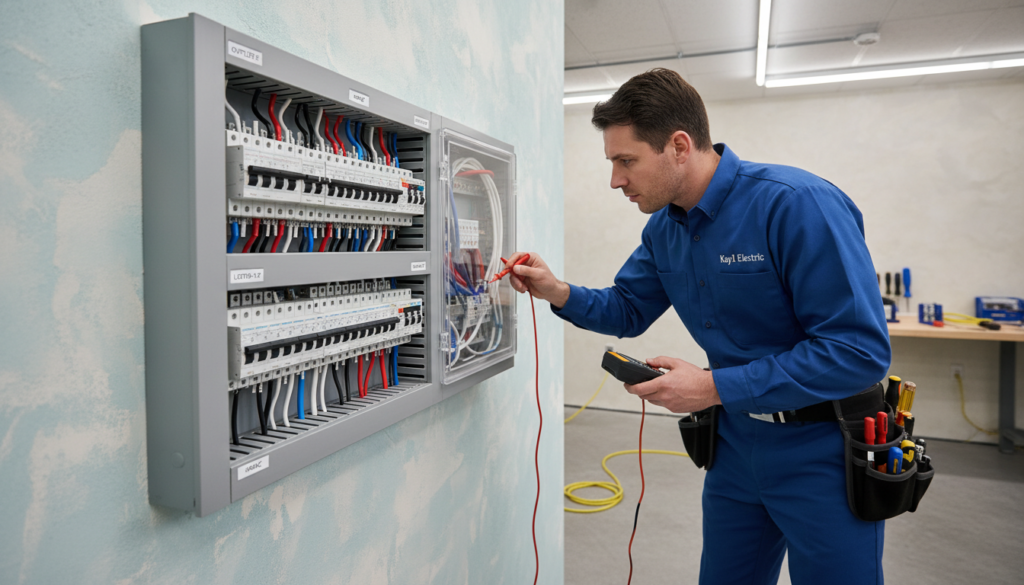 A detailed view of an electrical panel installed in a residential setting, showcasing multiple circuit breakers in neat rows. The panel is mounted against a textured wall, with a soft blue and white color scheme reflecting a calm, safe atmosphere. Include visible wiring with clear insulation and labels on the breakers for organization. In the foreground, a licensed electrician in a professional blue uniform is inspecting the panel, equipped with a multimeter and tools, exuding a sense of expertise and care. Soft, overhead LED lighting casts even illumination, highlighting the panel's features. Ensure the surrounding area is clean and organized, hinting at the professionalism of the service provided by Kay1 Electric. The perspective is slightly angled to provide depth, focusing primarily on the electrical panel and the engaged electrician. A detailed view of an electrical panel installed in a residential setting, showcasing multiple circuit breakers in neat rows. The panel is mounted against a textured wall, with a soft blue and white color scheme reflecting a calm, safe atmosphere. Include visible wiring with clear insulation and labels on the breakers for organization. In the foreground, a licensed electrician in a professional blue uniform is inspecting the panel, equipped with a multimeter and tools, exuding a sense of expertise and care. Soft, overhead LED lighting casts even illumination, highlighting the panel's features. Ensure the surrounding area is clean and organized, hinting at the professionalism of the service provided by Kay1 Electric. The perspective is slightly angled to provide depth, focusing primarily on the electrical panel and the engaged electrician.