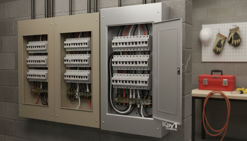 A detailed view of an electrical panel showcasing both 100 Amp and 200 Amp service configurations. In the foreground, highlight the 200 Amp panel with sleek, modern lines, showing circuit breakers and labeled slots for clarity against a neutral background. The 100 Amp panel will be juxtaposed, slightly faded, to emphasize the difference in size and design. Use soft, ambient lighting to create a professional atmosphere, capturing fine details like wire connections and panel textures. The scene is set in a tidy basement or utility room, with a faint glimpse of tools and safety gear in the background, enhancing realism. The branding "Kay1 Electric" should be subtly incorporated into the panel design, blending seamlessly with the overall aesthetic, reflecting quality and professionalism. A detailed view of an electrical panel showcasing both 100 Amp and 200 Amp service configurations. In the foreground, highlight the 200 Amp panel with sleek, modern lines, showing circuit breakers and labeled slots for clarity against a neutral background. The 100 Amp panel will be juxtaposed, slightly faded, to emphasize the difference in size and design. Use soft, ambient lighting to create a professional atmosphere, capturing fine details like wire connections and panel textures. The scene is set in a tidy basement or utility room, with a faint glimpse of tools and safety gear in the background, enhancing realism. The branding "Kay1 Electric" should be subtly incorporated into the panel design, blending seamlessly with the overall aesthetic, reflecting quality and professionalism.