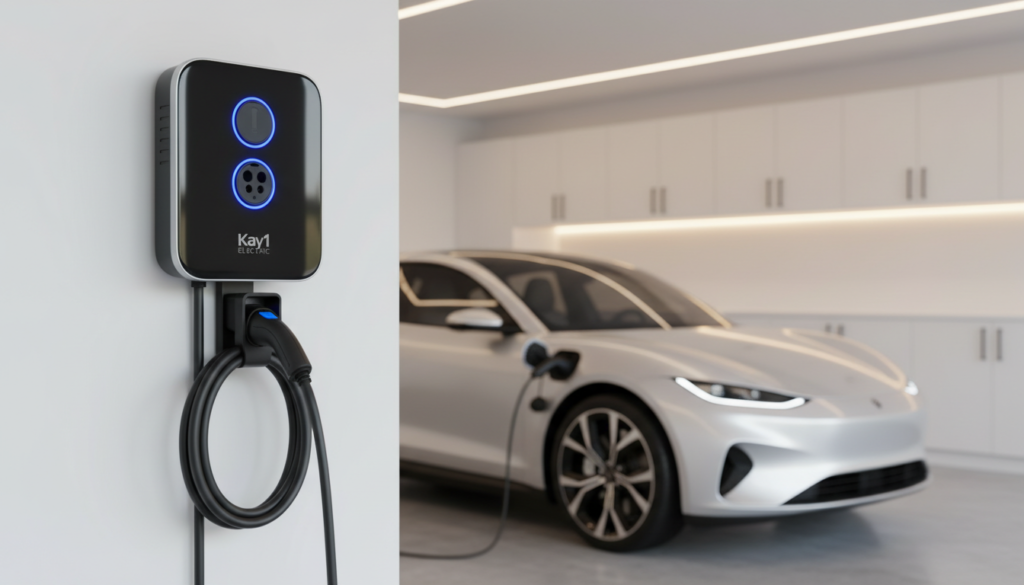 A modern Level 2 home EV charger by "Kay1 Electric" is prominently displayed in the foreground, showcasing its sleek design with a glossy black finish and illuminated charging ports. The charger is mounted on a white wall in a well-lit garage setting, ensuring an ambiance of cleanliness and organization. In the middle ground, a charging cable elegantly drapes down, neatly coiled, leading to a simulated electric vehicle parked nearby. The background features a spacious garage with minimalistic storage and soft ambient lighting that highlights the modernity of electric vehicle infrastructure. The overall atmosphere exudes efficiency and sophistication, suggesting a reliable solution for home and workplace charging needs. The depth of field focuses on the charger, creating a slight blur in the background for a professional and polished look. A modern Level 2 home EV charger by "Kay1 Electric" is prominently displayed in the foreground, showcasing its sleek design with a glossy black finish and illuminated charging ports. The charger is mounted on a white wall in a well-lit garage setting, ensuring an ambiance of cleanliness and organization. In the middle ground, a charging cable elegantly drapes down, neatly coiled, leading to a simulated electric vehicle parked nearby. The background features a spacious garage with minimalistic storage and soft ambient lighting that highlights the modernity of electric vehicle infrastructure. The overall atmosphere exudes efficiency and sophistication, suggesting a reliable solution for home and workplace charging needs. The depth of field focuses on the charger, creating a slight blur in the background for a professional and polished look.