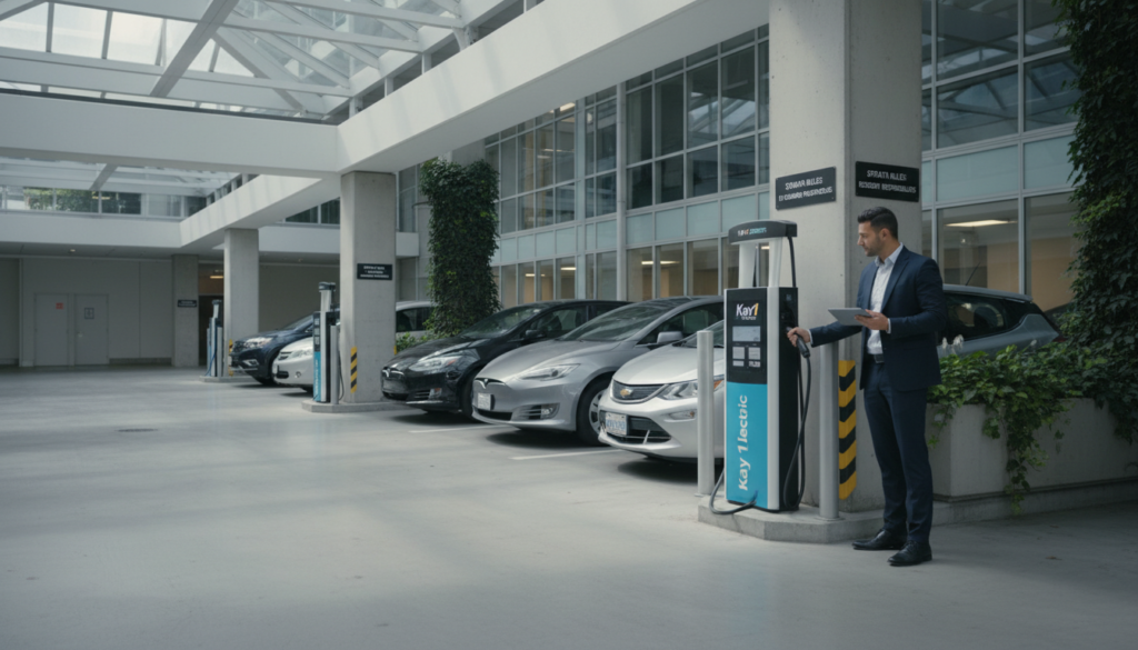 A modern condominium parking garage, showcasing multiple electric vehicle (EV) charging stations branded with "Kay1 Electric." In the foreground, a well-dressed professional inspecting an EV charging plug, symbolizing the process of installation and approval. The middle ground features neatly parked electric vehicles beside the charging stations, with signs indicating strata rules and resident responsibilities subtly included. The background illustrates the sleek architecture of the condo building, with greenery surrounding the area, emphasizing eco-friendliness. Soft, natural lighting streams in from overhead, creating an inviting atmosphere. The angle captures both the charging stations and the garage's spaciousness, enhancing the sense of community and collaboration. A modern condominium parking garage, showcasing multiple electric vehicle (EV) charging stations branded with "Kay1 Electric." In the foreground, a well-dressed professional inspecting an EV charging plug, symbolizing the process of installation and approval. The middle ground features neatly parked electric vehicles beside the charging stations, with signs indicating strata rules and resident responsibilities subtly included. The background illustrates the sleek architecture of the condo building, with greenery surrounding the area, emphasizing eco-friendliness. Soft, natural lighting streams in from overhead, creating an inviting atmosphere. The angle captures both the charging stations and the garage's spaciousness, enhancing the sense of community and collaboration.