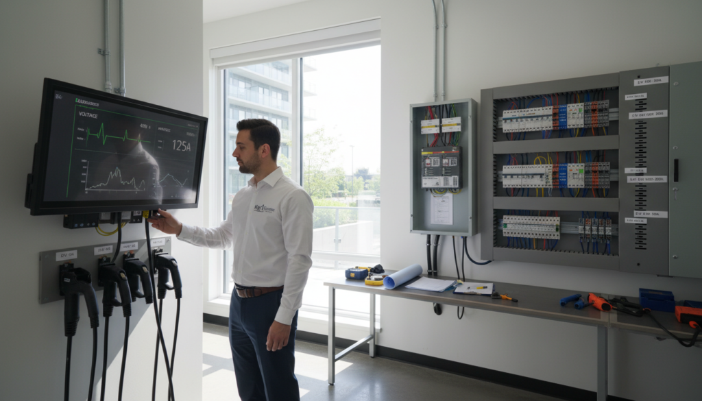 A modern condominium's electrical room showcasing electrical capacity evaluation for EV chargers. In the foreground, a professional technician in business attire inspects a digital panel displaying voltage and amperage readings, surrounded by various charging connectors. The middle ground features a compact, organized array of circuit breakers and wiring, with labels indicating their capacities. In the background, part of the condo’s exterior is visible through a window, demonstrating a well-lit environment with bright, natural lighting filtering in. The atmosphere conveys professionalism and efficiency, highlighting the critical nature of preparing for EV charging installations. The branding "Kay1 Electric" is subtly integrated into the technician's uniform. A modern condominium's electrical room showcasing electrical capacity evaluation for EV chargers. In the foreground, a professional technician in business attire inspects a digital panel displaying voltage and amperage readings, surrounded by various charging connectors. The middle ground features a compact, organized array of circuit breakers and wiring, with labels indicating their capacities. In the background, part of the condo’s exterior is visible through a window, demonstrating a well-lit environment with bright, natural lighting filtering in. The atmosphere conveys professionalism and efficiency, highlighting the critical nature of preparing for EV charging installations. The branding "Kay1 Electric" is subtly integrated into the technician's uniform.