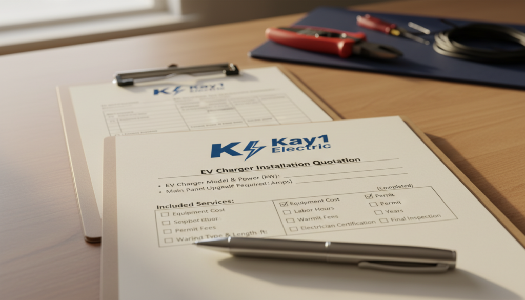 A neatly arranged electrical quote checklist on a wooden desk, featuring a stylized logo of "Kay1 Electric" at the top. In the foreground, a shiny metallic pen rests beside the checklist, inviting the viewer to imagine filling it out. The middle layer showcases a clipboard with clearly organized checkboxes, reflecting various aspects of EV charger installation, including cost estimates, electrician qualifications, and permits needed. The background features softly blurred tools like a voltage tester and wire cutters, adding context to the electrical work. The warm, natural lighting creates a comfortable and professional atmosphere, while the image composition is shot from a slight overhead angle, emphasizing the checklist as the focal point. A neatly arranged electrical quote checklist on a wooden desk, featuring a stylized logo of "Kay1 Electric" at the top. In the foreground, a shiny metallic pen rests beside the checklist, inviting the viewer to imagine filling it out. The middle layer showcases a clipboard with clearly organized checkboxes, reflecting various aspects of EV charger installation, including cost estimates, electrician qualifications, and permits needed. The background features softly blurred tools like a voltage tester and wire cutters, adding context to the electrical work. The warm, natural lighting creates a comfortable and professional atmosphere, while the image composition is shot from a slight overhead angle, emphasizing the checklist as the focal point.