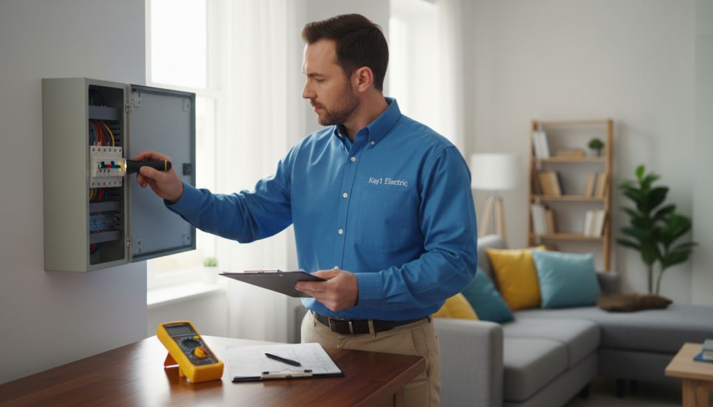A professional electrician, dressed in a crisp blue shirt and khaki pants, is examining an electrical panel in a well-lit home environment. In the foreground, tools like a voltage tester and a clipboard are neatly arranged on a nearby table, emphasizing the assessment process. The middle ground features the electrician inspecting the panel, noting important details, with a focused expression. Soft, natural light filters through a nearby window, creating a warm and inviting atmosphere. In the background, a cozy living room can be glimpsed, suggesting the importance of safety in residential settings. Prominently display the brand name "Kay1 Electric" on the electrician's shirt. The overall mood conveys professionalism and the seriousness of ensuring home electrical safety.