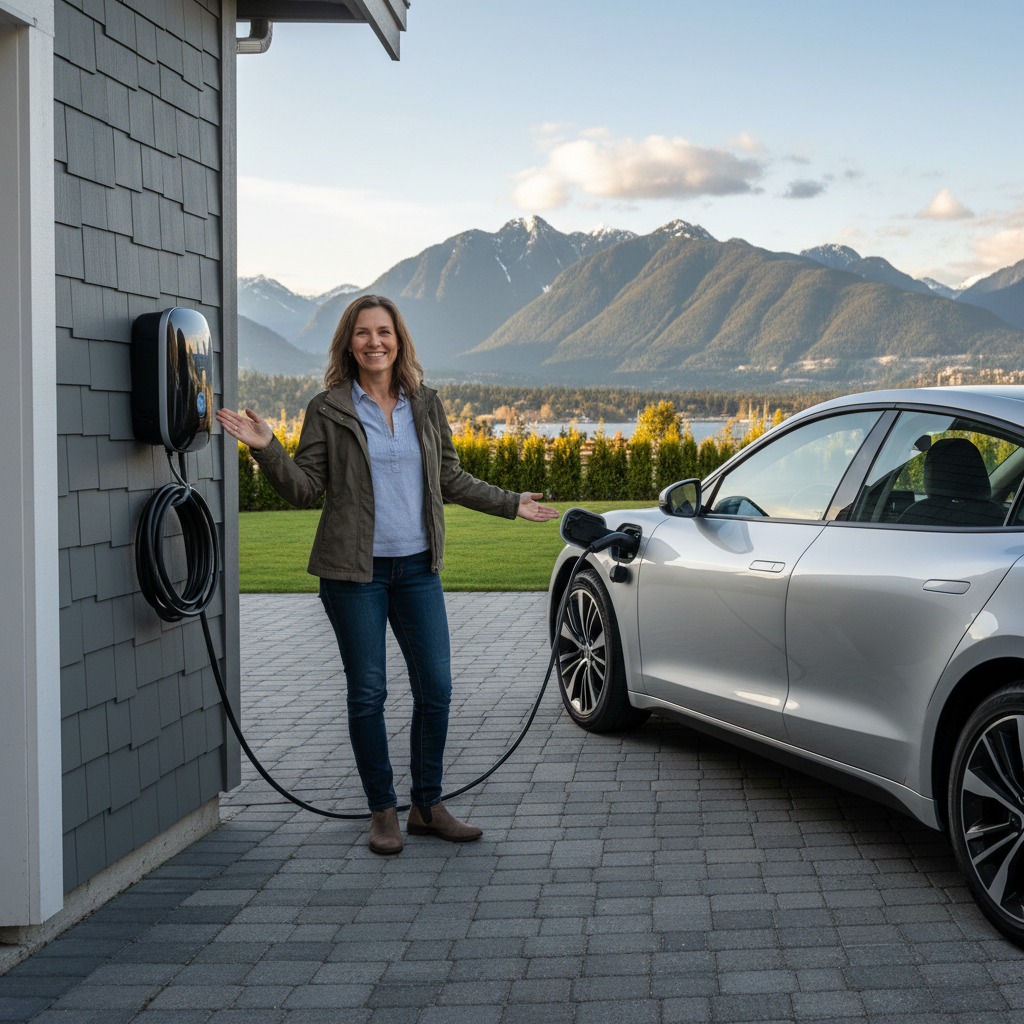 A satisfied customer with their newly installed EV charger in Vancouver