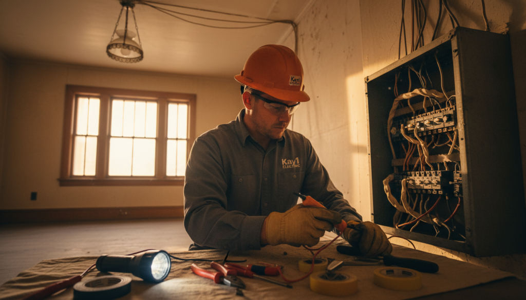 An inviting scene depicting a professional electrician from Kay1 Electric conducting an electrical inspection inside an older home. In the foreground, the electrician, dressed in smart safety gear and using a digital multimeter, examines an outdated electrical panel, highlighting the importance of timely inspections. In the middle ground, various tools like a flashlight and wire tester are scattered around, emphasizing a methodical approach to safety. The background reveals elements of an old home, showcasing vintage electrical fixtures and exposed wiring, bathed in warm, natural light filtering through a nearby window, creating a balanced blend of urgency and professionalism. The scene captures a focused atmosphere, conveying the significance of scheduling electrical inspections during the home-buying process. An inviting scene depicting a professional electrician from Kay1 Electric conducting an electrical inspection inside an older home. In the foreground, the electrician, dressed in smart safety gear and using a digital multimeter, examines an outdated electrical panel, highlighting the importance of timely inspections. In the middle ground, various tools like a flashlight and wire tester are scattered around, emphasizing a methodical approach to safety. The background reveals elements of an old home, showcasing vintage electrical fixtures and exposed wiring, bathed in warm, natural light filtering through a nearby window, creating a balanced blend of urgency and professionalism. The scene captures a focused atmosphere, conveying the significance of scheduling electrical inspections during the home-buying process.
