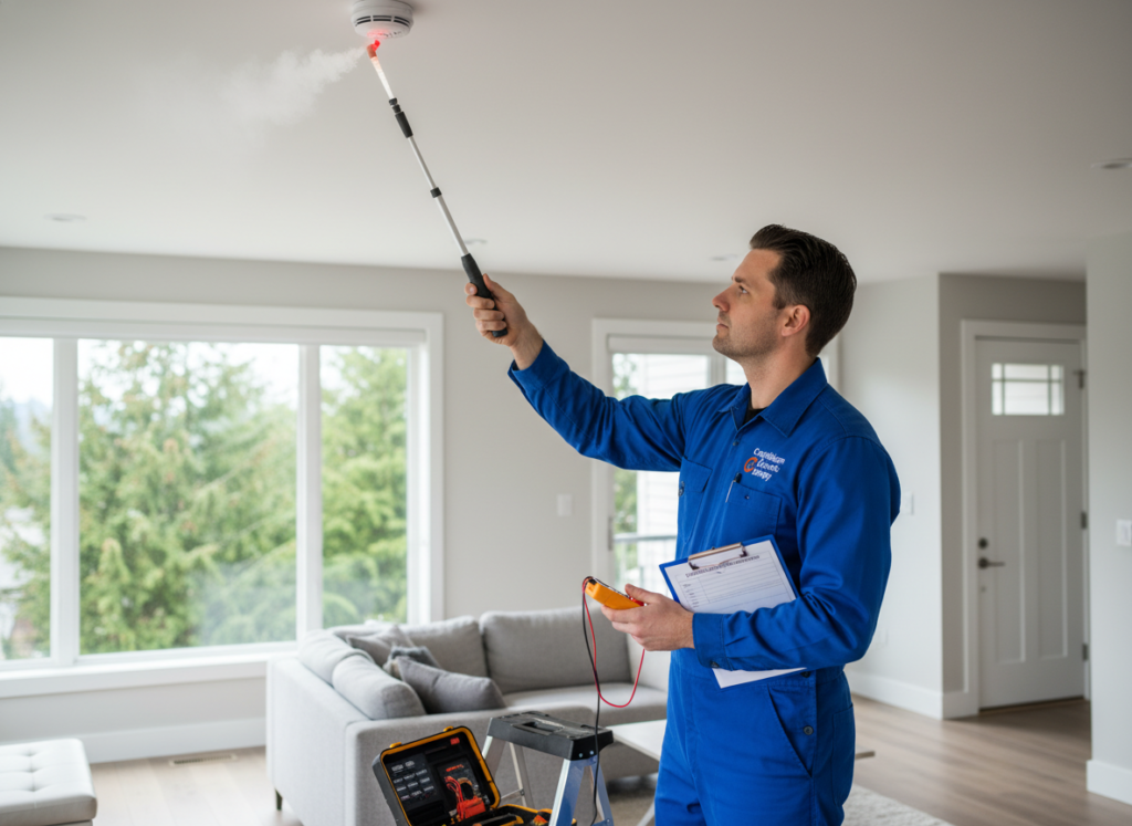 Checking smoke detectors during electrical safety inspection in Coquitlam