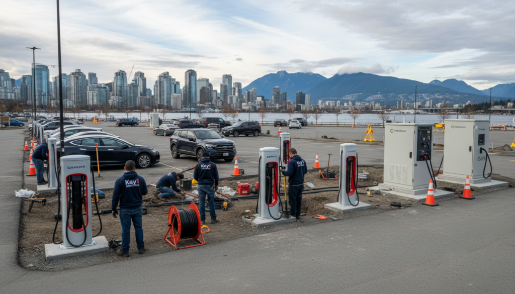 Commercial EV charging station installation by Kay1 Electric in Vancouver