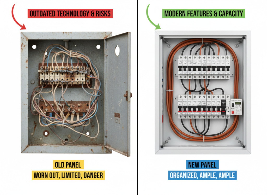Comparison between old and new electrical panels showing the benefits of electric panel upgrades