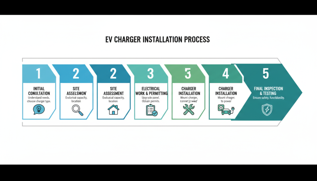 Diagram showing the EV charger installation process steps from consultation to final inspection
