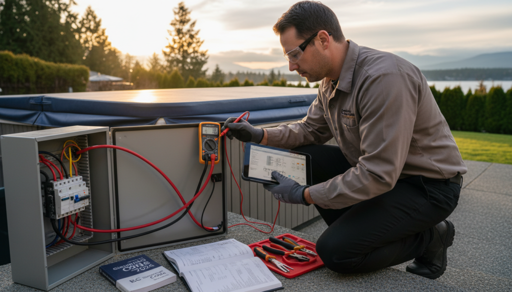 Electrical code compliance inspection for hot tub wiring in Coquitlam