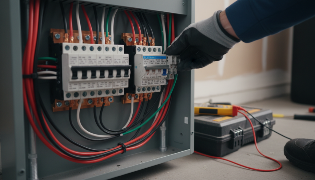 Electrical panel being upgraded for EV charger installation in Vancouver