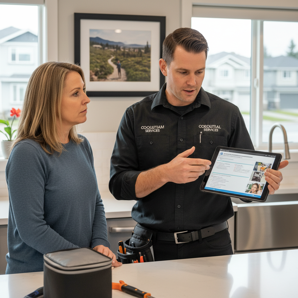 Electrician explaining inspection findings to Coquitlam resident