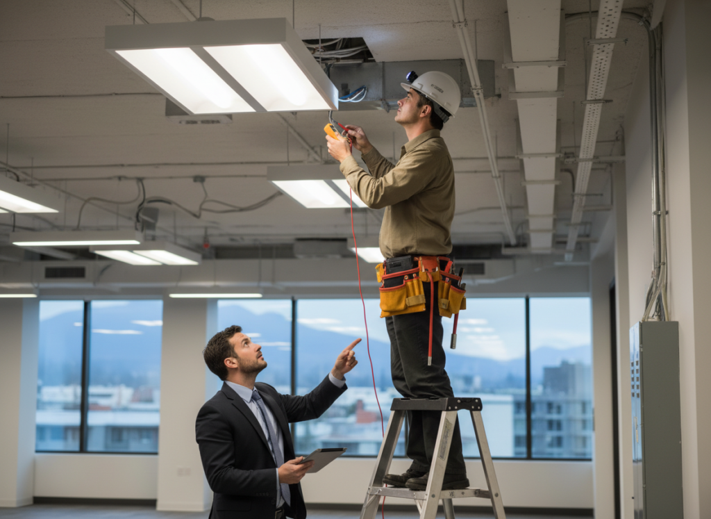 Electrician fixing flickering lights in Coquitlam business
