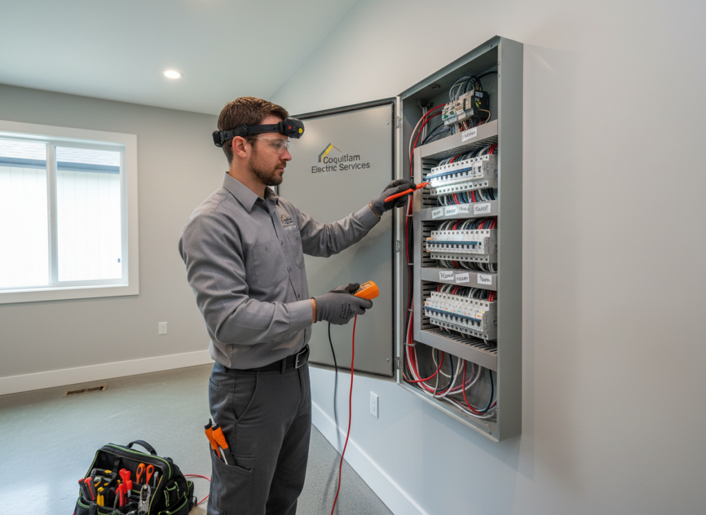 Electrician inspecting electrical panel in Coquitlam home