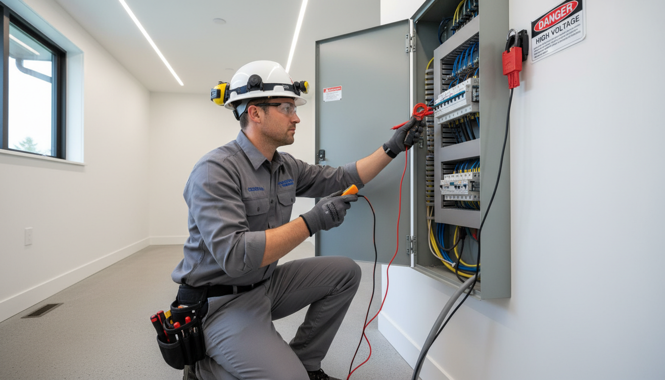 Electrician performing an electrical safety inspection in a Coquitlam home