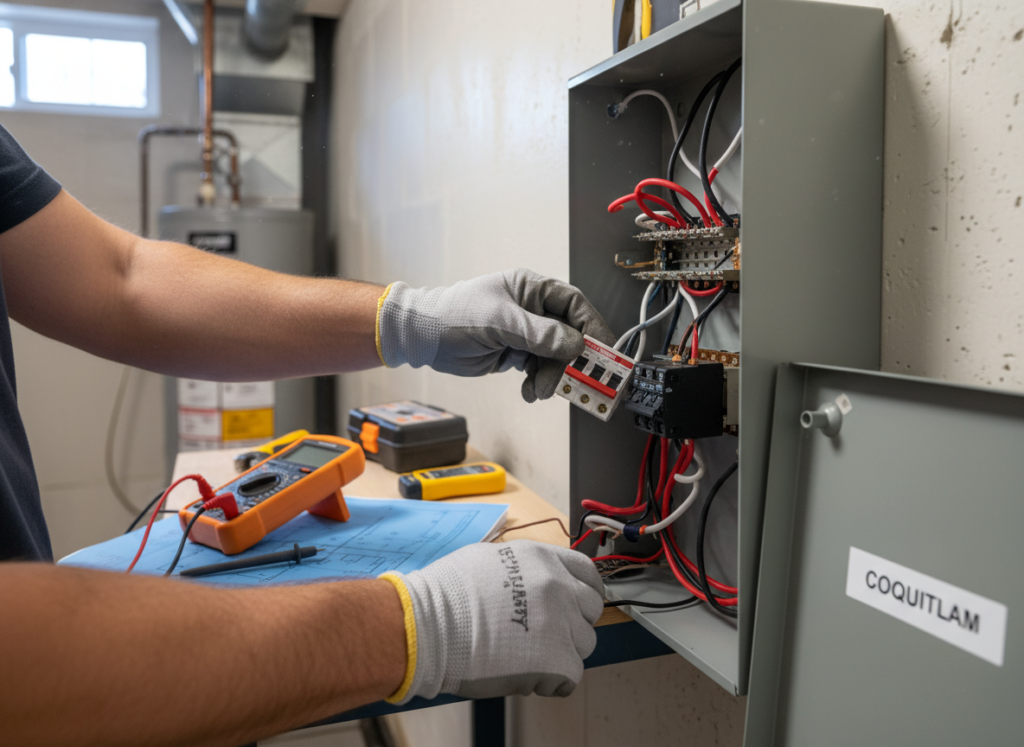 Electrician repairing circuit breaker panel in Coquitlam