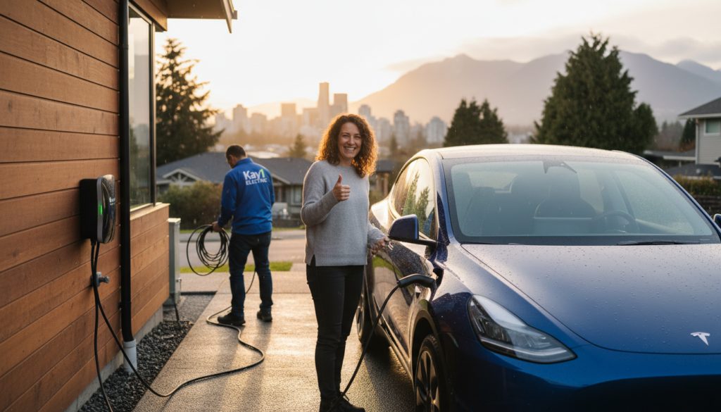 Happy Kay1 Electric customer with their newly installed EV charger in Vancouver