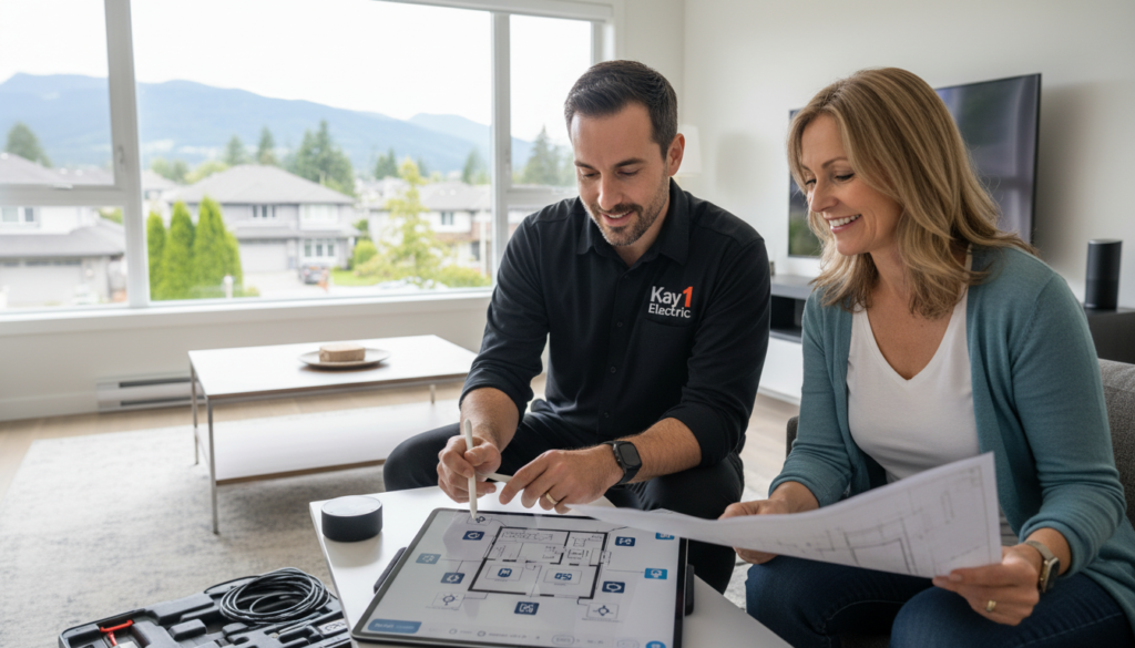 Kay1 Electric technician consulting with homeowner about smart home integration in Coquitlam