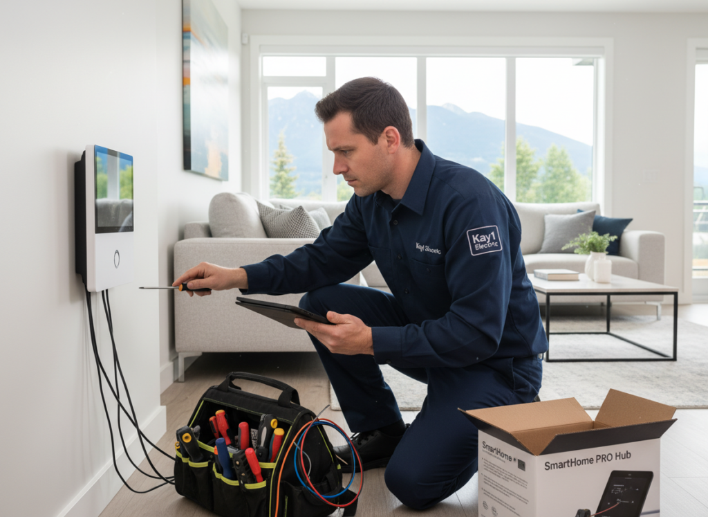 Kay1 Electric technician installing smart home system in Coquitlam residence