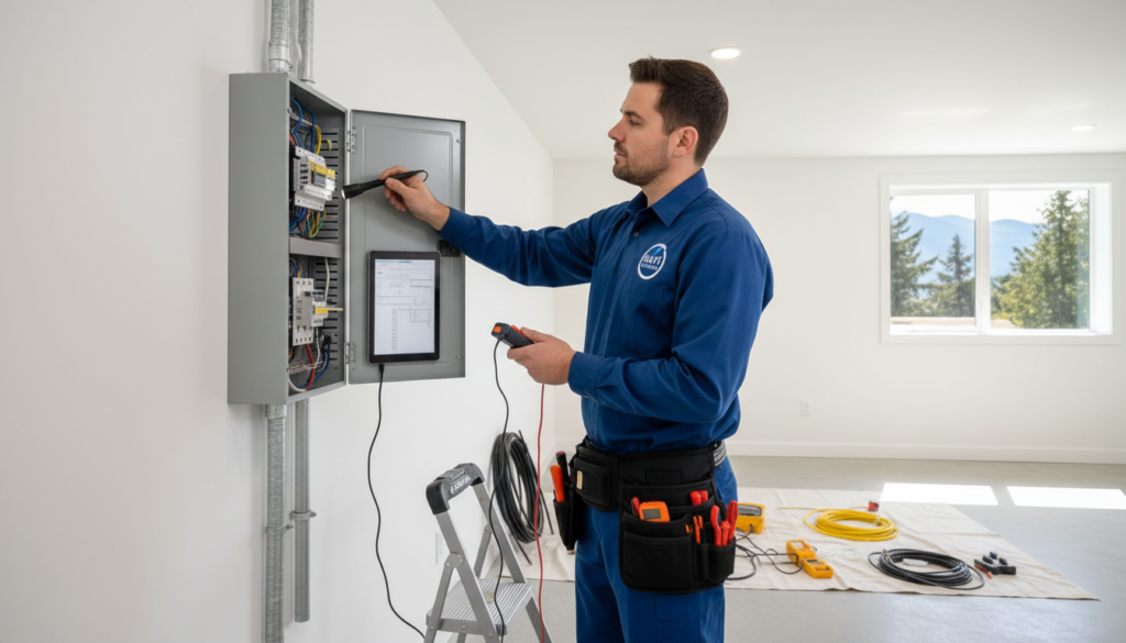 Kay1 Electric technician performing a detailed electrical inspection in Coquitlam