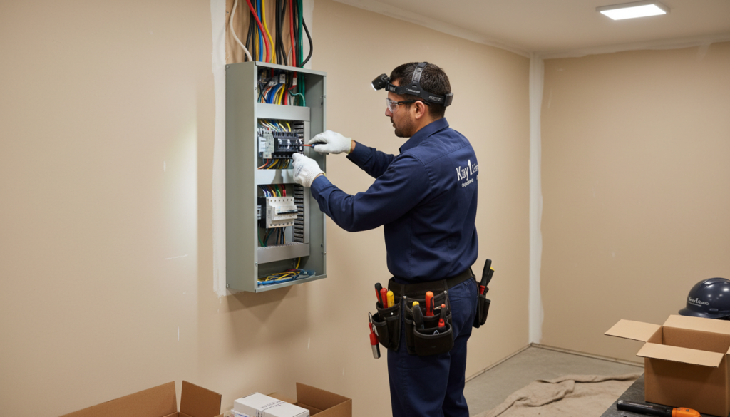Kay1 Electric technician performing an electric panel upgrade in a Coquitlam home