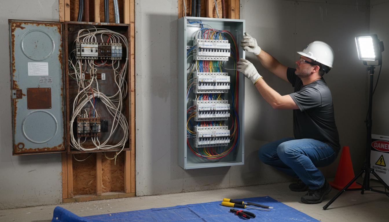 Modern electrical panel being installed in a Coquitlam home during an electric panel upgrade