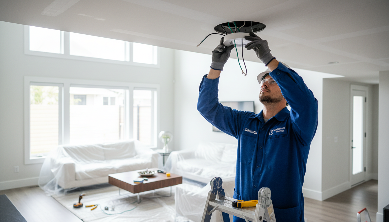 Professional electrician installing modern pot lights in a Coquitlam home living room ceiling