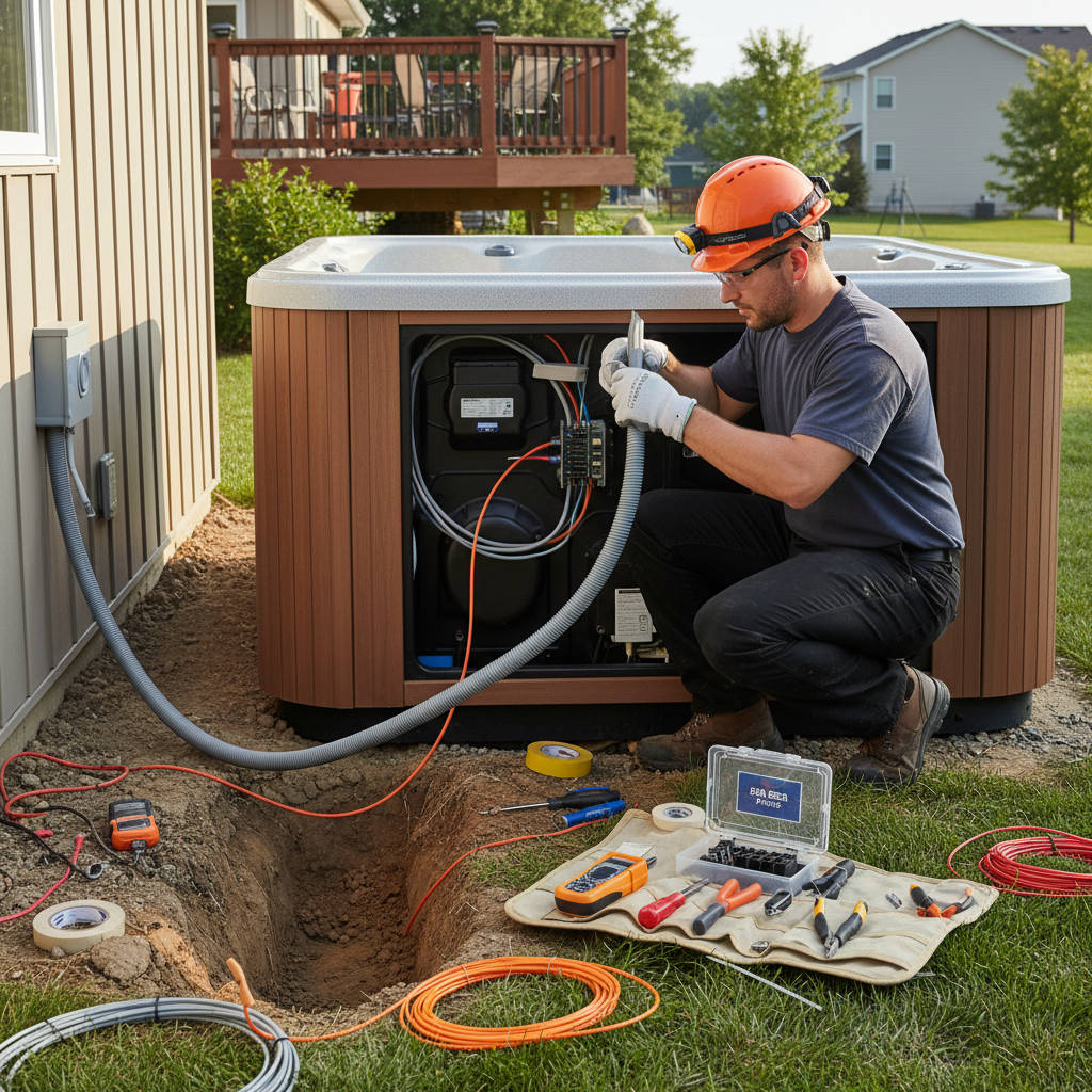 Professional hot tub electrical installation in progress