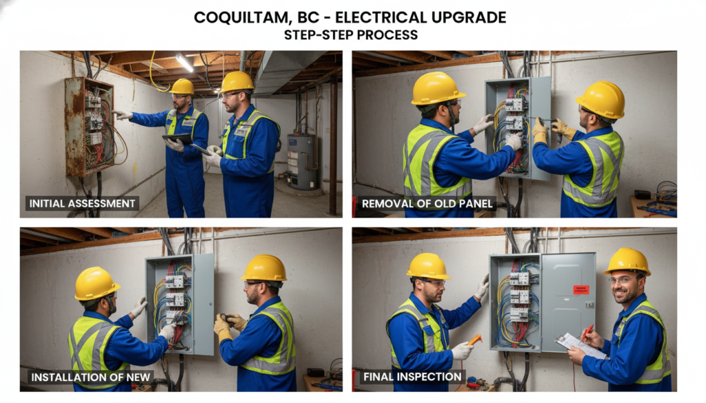 Step-by-step process of an electric panel upgrade being performed in Coquitlam