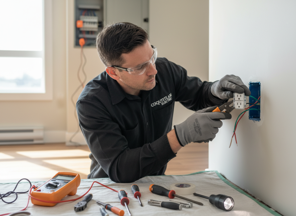Technician repairing electrical outlet in Coquitlam home