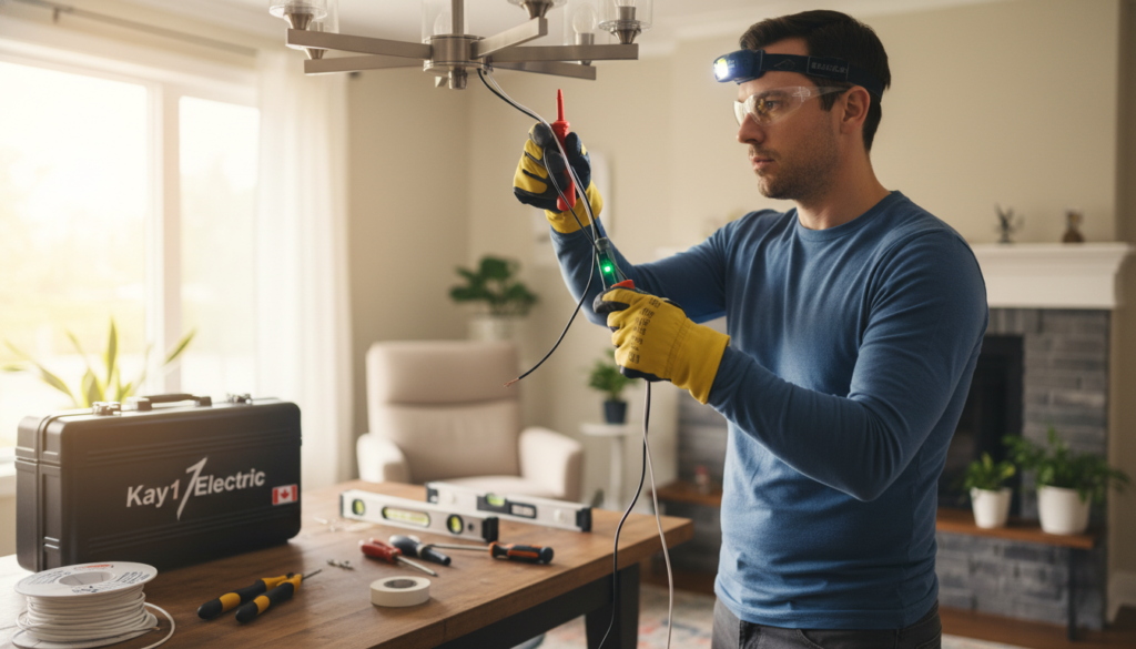 A close-up of a person confidently engaged in DIY electrical work at home, wearing modest, casual clothing and protective gloves. In the foreground, focus on a person following safety procedures while installing a light fixture, showcasing careful handling of electrical wires and tools. The middle ground features an organized workspace, with a toolbox labeled "Kay1 Electric," various tools neatly arranged, and wiring equipment. In the background, a home setting with painted walls and a warm, inviting atmosphere, illuminated by natural light coming through a window. Use a soft focus effect with bright, warm lighting to convey a sense of safety and professionalism without distractions from the main action, ensuring the image reflects a responsible approach to DIY electrical work in Canada.
