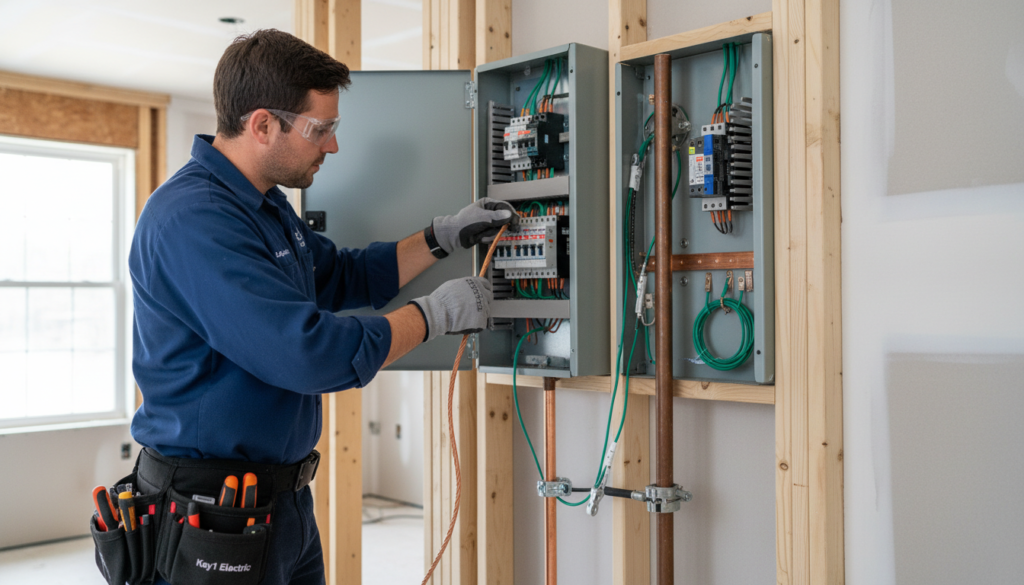 A detailed scene showcasing a professional electrician installing grounding and bonding systems in a residential setting. In the foreground, a focused electrician in a blue work shirt and safety goggles is connecting a grounding wire to a residential electrical panel, showcasing clear, colorful wires and bonding components. The middle ground features a partially open electrical panel with visible circuit breakers and a grounded metal rod. In the background, a well-lit room with drywall and exposed studs adds depth. The lighting is bright and neutral, mimicking daytime, creating a safe and professional atmosphere. Subtle branding with "Kay1 Electric" visible on the electrician’s work equipment. The overall mood conveys diligence and expertise in electrical safety.