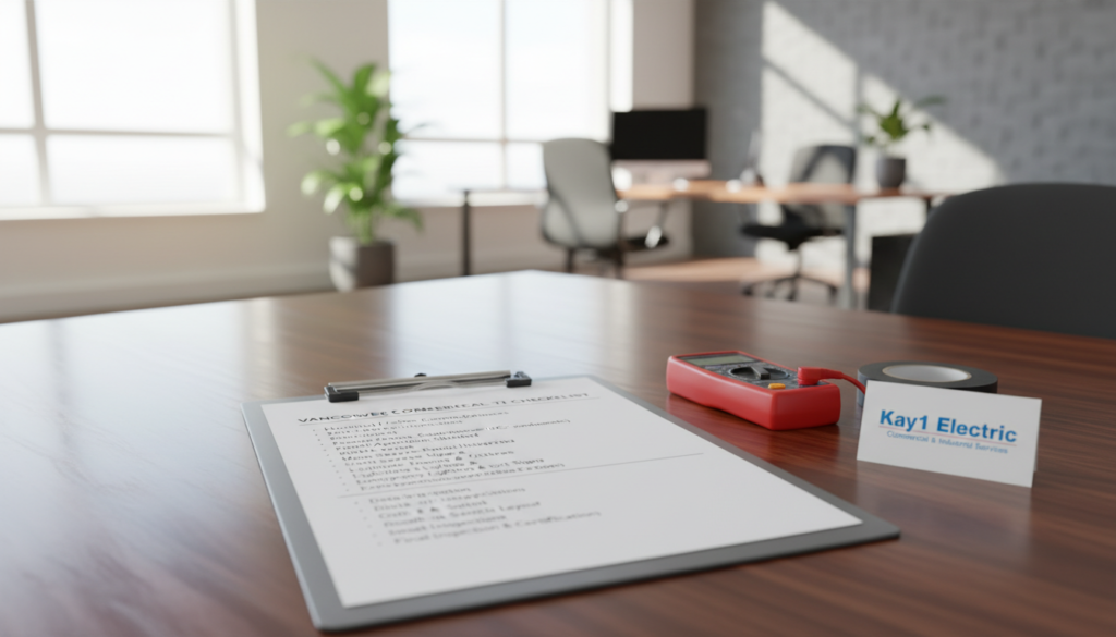 A detailed tenant improvement electrical checklist for Vancouver commercial spaces, laid out on a polished wooden desk. The foreground features a clipboard with neatly organized checklist items such as "Electrical Codes Compliance" and "Lighting Plans," handwritten in clear ink. In the middle, there are tools like a voltage tester and a roll of electrical tape, along with a business card reading "Kay1 Electric." The background displays a softly blurred view of a modern office space, with natural light streaming through large windows, creating a bright and inviting atmosphere. The scene conveys a sense of professionalism and thoroughness, with an emphasis on safety and compliance in electrical installations.