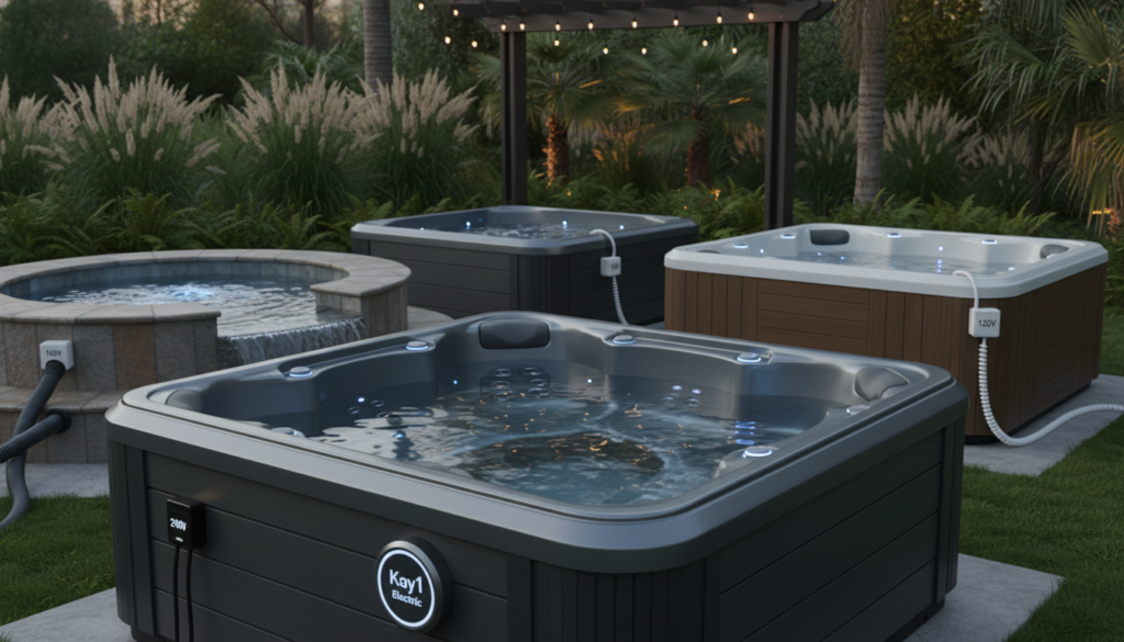 A modern hot tub setup, featuring various types of hot tubs showcasing different voltage specifications. In the foreground, a sleek, contemporary hot tub displaying a voltage gauge prominently, labeled with "Kay1 Electric." In the middle, several hot tubs in varying styles, including a built-in model and a portable unit, demonstrating clear electrical connections and power cords. The background captures a tranquil backyard setting, with soft evening lighting casting a warm glow and lush greenery surrounding the area. The atmosphere is serene, hinting at relaxation and well-being, emphasized by gentle reflections in the water. The perspective is slightly elevated, giving a comprehensive view of the hot tubs and their electrical setups, inviting the viewer to explore their options for power needs.