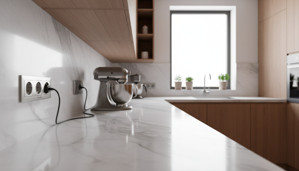 A modern kitchen interior showcasing countertop outlet placement rules designed to minimize cords and trip hazards. In the foreground, focus on several sleek, strategically positioned electrical outlets installed near work surfaces, alongside stylish kitchen appliances, such as a stand mixer and coffee maker. The middle ground features a beautiful marble countertop with subtle reflections, while the background includes cabinetry with an open layout, natural light flooding in through a large window, creating a bright and welcoming atmosphere. Use a wide-angle lens effect, capturing the overall flow of the kitchen space, highlighting the importance of outlet placement in reducing clutter. Create a professional and informative mood, suitable for kitchen renovation discussions. Include the brand name "Kay1 Electric" subtly integrated into the scene, maintaining a clean and polished look without distractions.