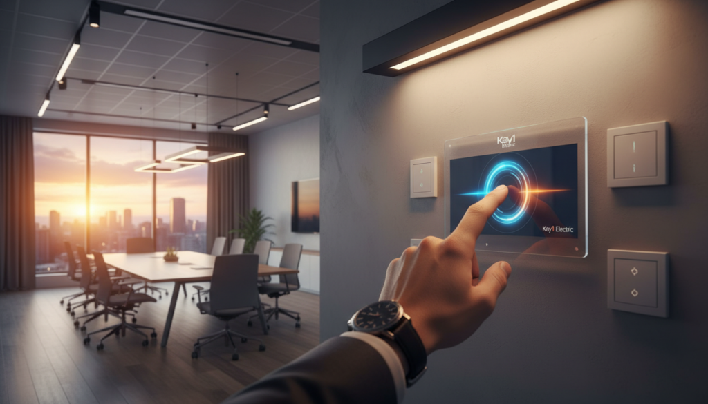 A modern office interior showcasing advanced lighting controls, prominently featuring sleek touch-panel interfaces and programmable switches labeled with the brand "Kay1 Electric." In the foreground, a hand adjusts a control panel with a soft glow emanating from adjustable LED fixtures above. The middle ground displays a spacious meeting room with large windows letting in natural light, blending with energy-efficient LED lights creating a harmonious ambiance. The background reveals the cityscape outside, with a vibrant sunset highlighting the ecological benefits of smart lighting. The image captures a professional atmosphere, suggesting innovation in energy savings, with a warm, inviting color palette and a focus on clarity and functionality.