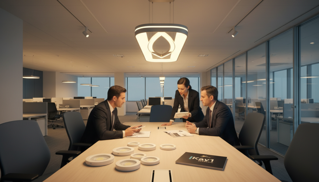 A modern office interior showcasing various LED lighting upgrade options, centered around a sleek conference room table. In the foreground, highlight a new LED fixture with a stylish design, alongside LED retrofit kits neatly arranged. In the middle ground, include professional business people discussing lighting choices, dressed in smart business attire, examining the fixtures. The background features a bright, open workspace with natural light filtering through glass windows, enhancing the mood of efficiency and innovation. Use soft, warm lighting to create an inviting atmosphere, and include the brand name "Kay1 Electric" subtly integrated into the scene, perhaps on a brochure placed on the table. Use a wide-angle lens perspective to capture the space effectively.