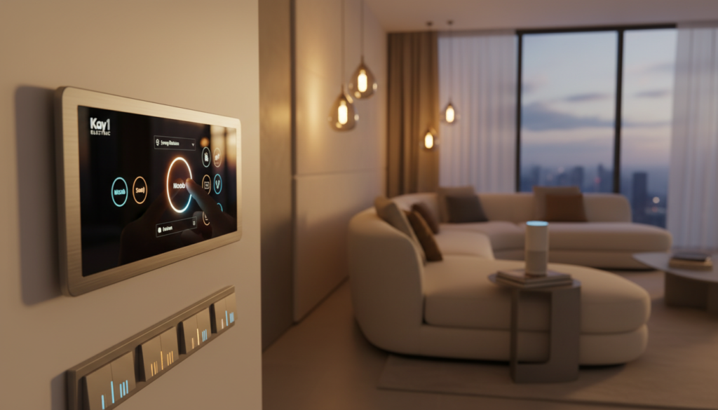 A modern smart home interior showcasing an elegant living room with sophisticated lighting controls. In the foreground, a sleek touch panel for control of lights from Kay1 Electric, showcasing its design and functionality with illuminated buttons. In the middle ground, smart switches integrated into the wall alongside stylish smart bulbs casting soft, ambient light. The background features a cozy couch and smart devices subtly integrated into the decor, emphasizing a seamless modern lifestyle. Natural light filters in through large windows, highlighting the clean lines and contemporary design. The atmosphere is inviting and futuristic, illustrating the harmony of smart technology and everyday living, captured with a warm color palette. The image should be a dynamic angle that draws attention to the lighting control elements.